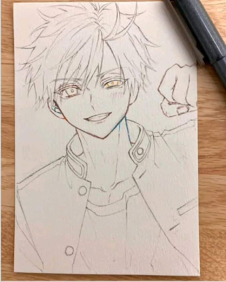 яиУКп Anime character sketch with vivid eyes, tousled hair, and a confident smile, unfinished drawing on paper. | Sky Rye Design Anime character sketch with vivid eyes, tousled hair, and a confident smile, unfinished drawing on paper.