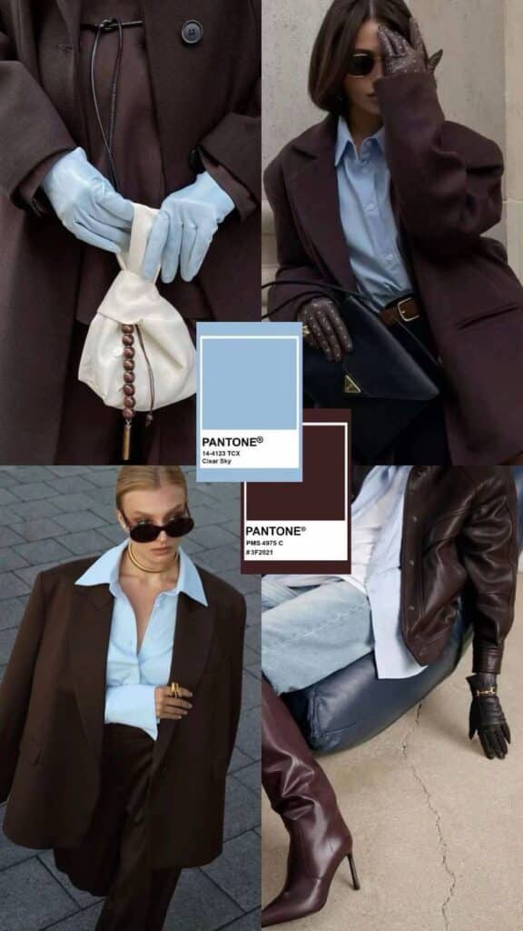 Fashion collage with brown coats, blue shirts, and gloves, featuring Pantone colors Clear Sky and PMS 4975 C.