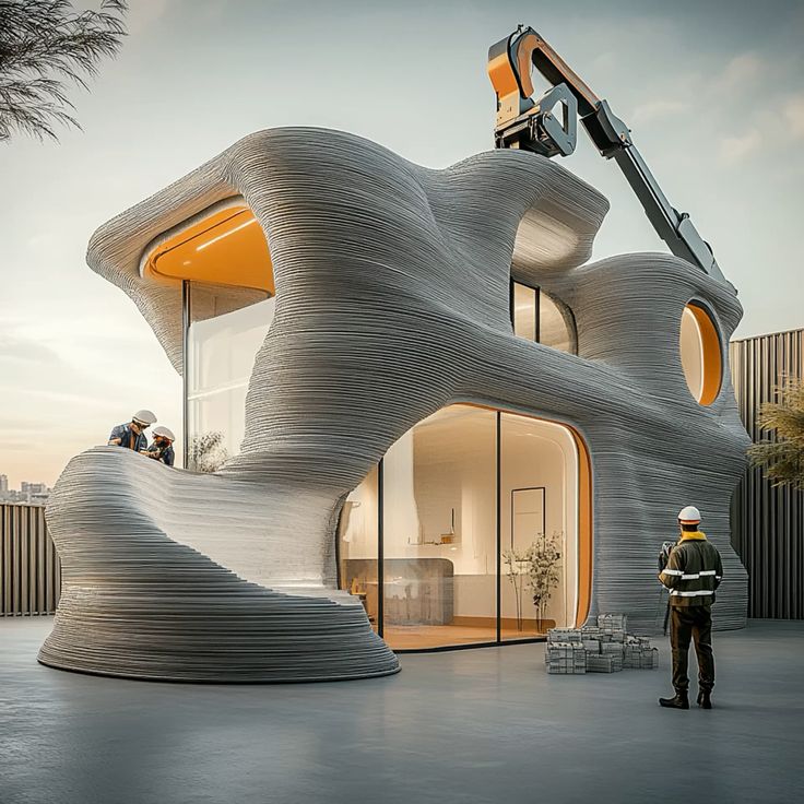 บ้านสไตล์โมเดิร์นสมัยใหม่ Futuristic 3D-printed building with curved design under construction, featuring large windows and workers using advanced machinery. | Sky Rye Design Futuristic 3D-printed building with curved design under construction, featuring large windows and workers using advanced machinery.