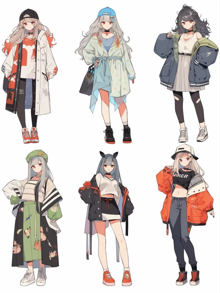 ⋆˚✿˖° Anime characters showcasing stylish, colorful streetwear outfits and accessories, each with unique fashion flair against a white background. | Sky Rye Design Anime characters showcasing stylish, colorful streetwear outfits and accessories, each with unique fashion flair against a white background.