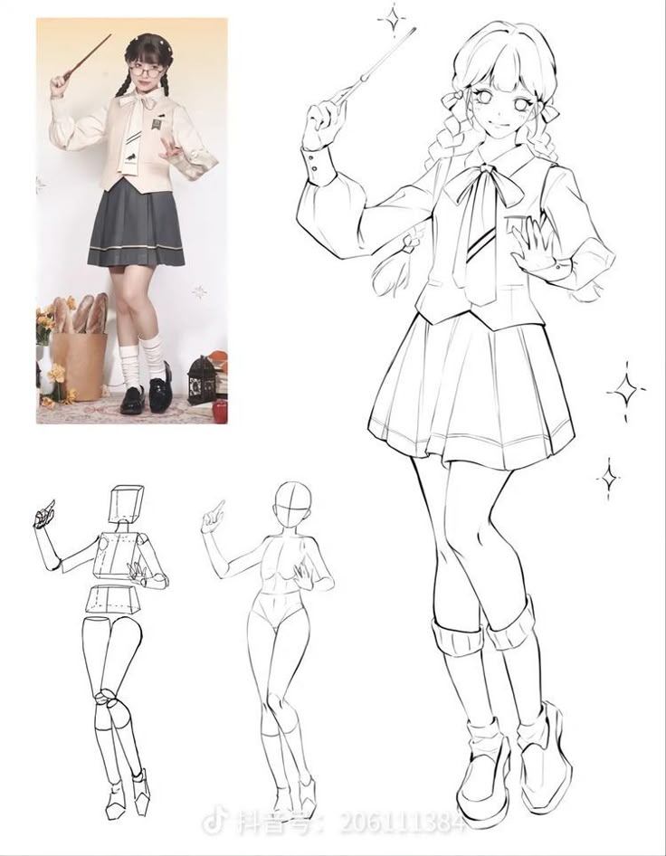`★ ₊˚ Anime girl character design process, from sketch to final drawing, inspired by a real model in a school uniform holding a wand. | Sky Rye Design Anime girl character design process, from sketch to final drawing, inspired by a real model in a school uniform holding a wand.