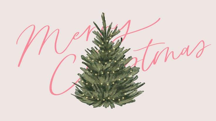 Festive Christmas tree with lights in front of Merry Christmas text in elegant script on a light background.