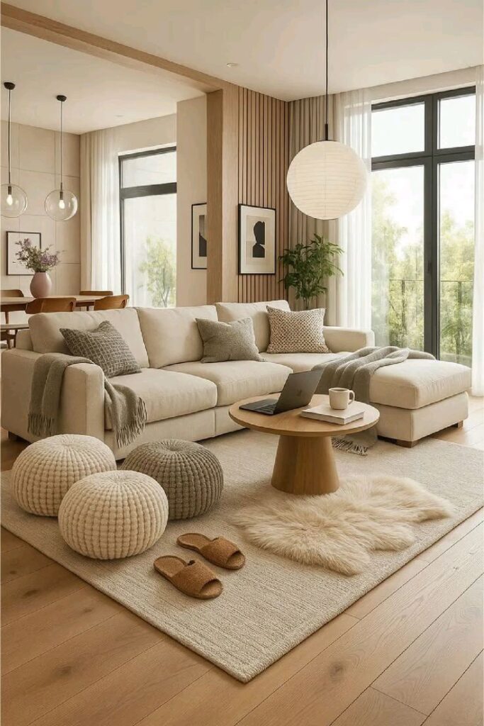 Modern living room with cozy beige sofa, knitted poufs, round wooden coffee table, pendant lighting, and large windows with sheer curtains.