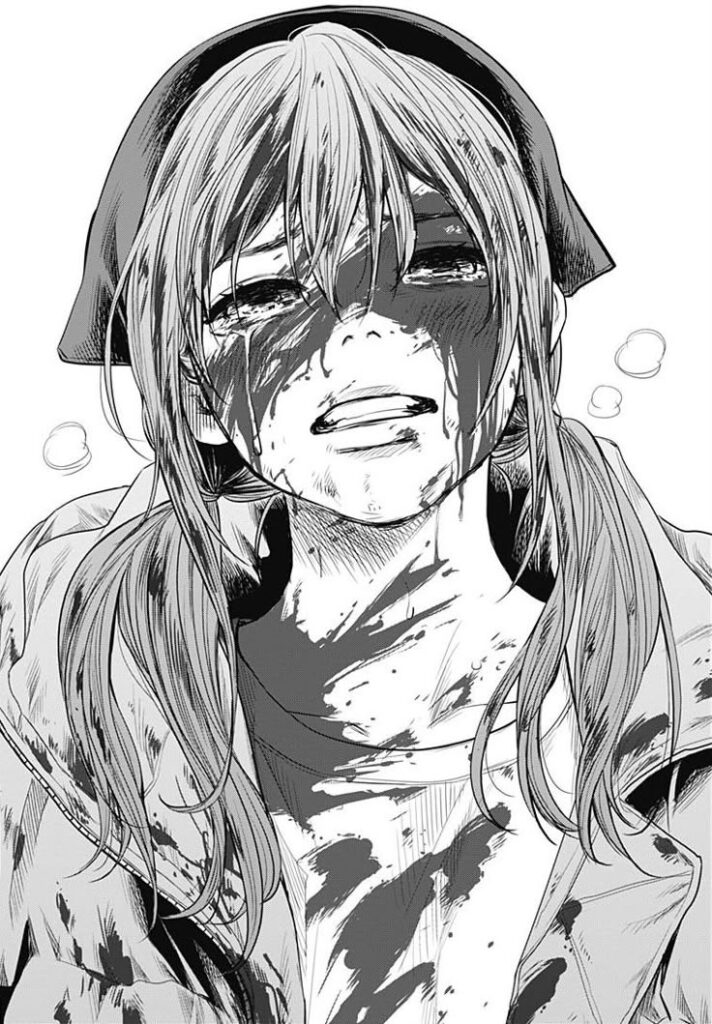 Crying anime character with long hair, tears blending with dirt, expressing intense emotion in black and white illustration.