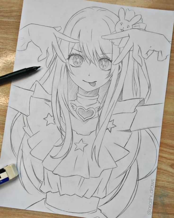 _❤️ Anime girl sketch with stars, tongue out, playful pose. Includes pen and eraser on a wooden desk. | Sky Rye Design Anime girl sketch with stars, tongue out, playful pose. Includes pen and eraser on a wooden desk.