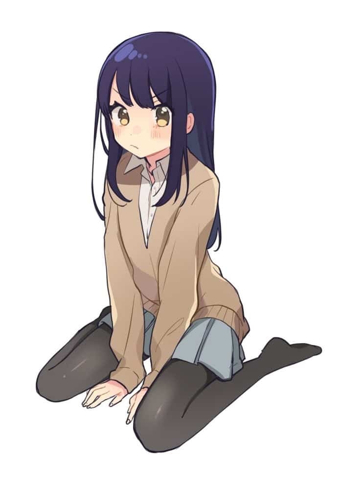 Anime girl with long dark hair sitting on knees, wearing a beige sweater, skirt, and black stockings.