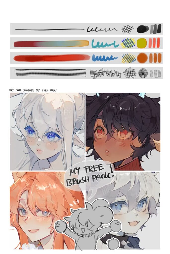 Artistic brush pack showcase with anime-style character illustrations and various digital brush stroke examples.