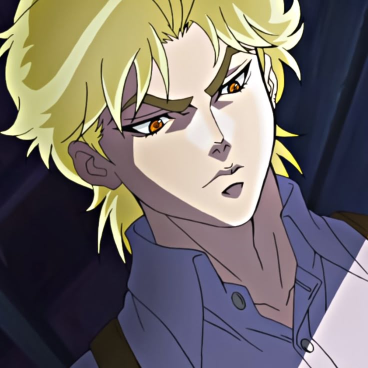 𝐃𝐢𝐨 𝐁𝐫𝐚𝐧𝐝𝐨 𝐈𝐜𝐨𝐧 Anime character with blonde hair and intense gaze, wearing a buttoned shirt, in a dramatic lighting setting. | Sky Rye Design Anime character with blonde hair and intense gaze, wearing a buttoned shirt, in a dramatic lighting setting.