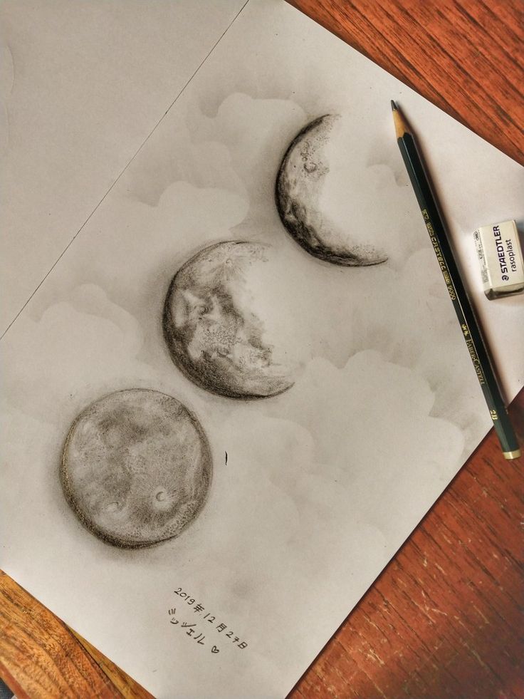 Pencil sketch of the moon's phases on paper, with a pencil and eraser. Artistic illustration capturing lunar progression.