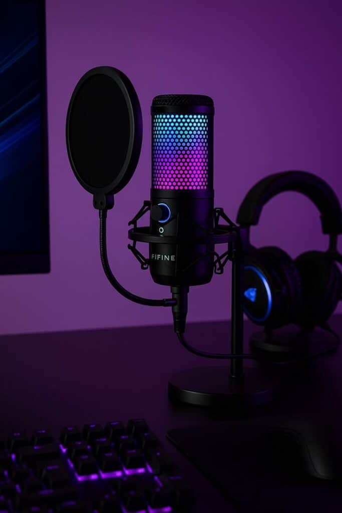 RGB microphone setup with pop filter and headphones on a purple-lit desk, perfect for gaming or streaming environments.