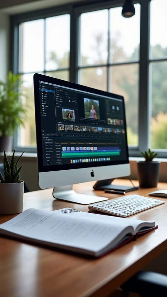 🎬 A Day in the Life of a Video Editor_ Crafting Visual Stories 🎥 Video editing software open on a desktop computer in a modern office setup. | Sky Rye Design Video editing software open on a desktop computer in a modern office setup.