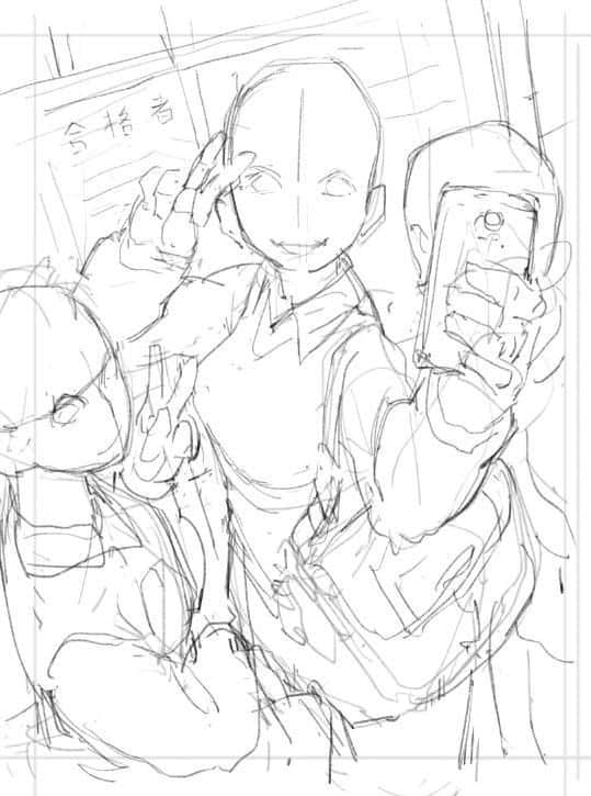 💕 Sketch of three people taking a selfie, with one holding a phone and making a peace sign. | Sky Rye Design Sketch of three people taking a selfie, with one holding a phone and making a peace sign.