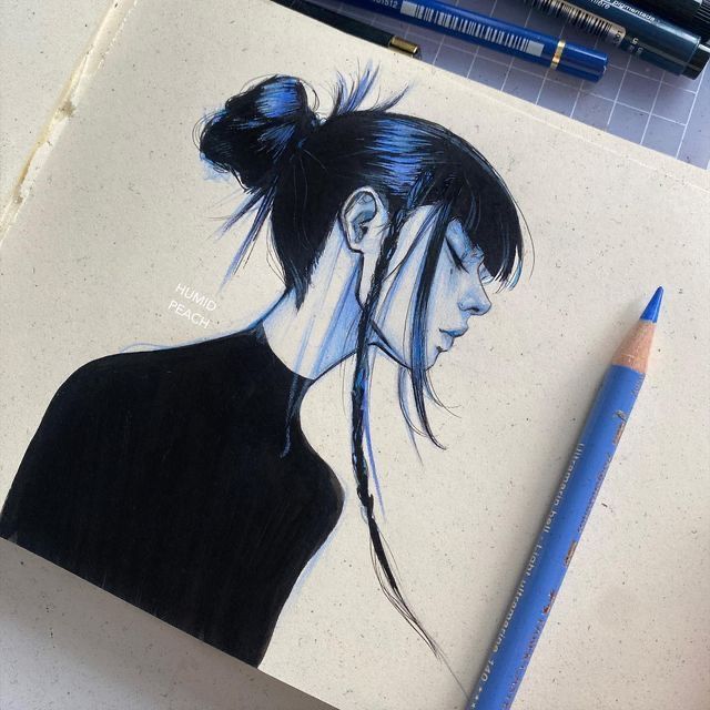 🖍️ Illustration of a woman with a bun and braids in profile, drawn with blue pencil. | Sky Rye Design Illustration of a woman with a bun and braids in profile, drawn with blue pencil.
