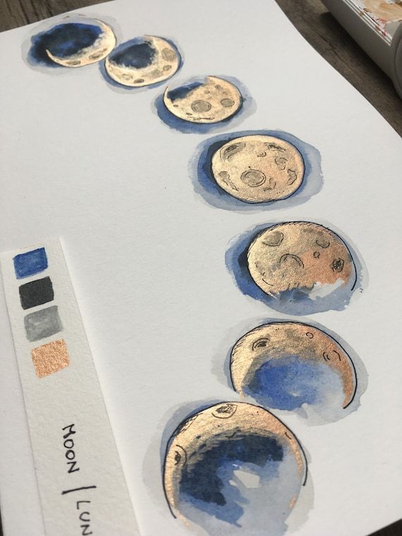 Watercolor illustration depicting various moon phases, highlighting copper and blue shades. Accompanied by a color palette.