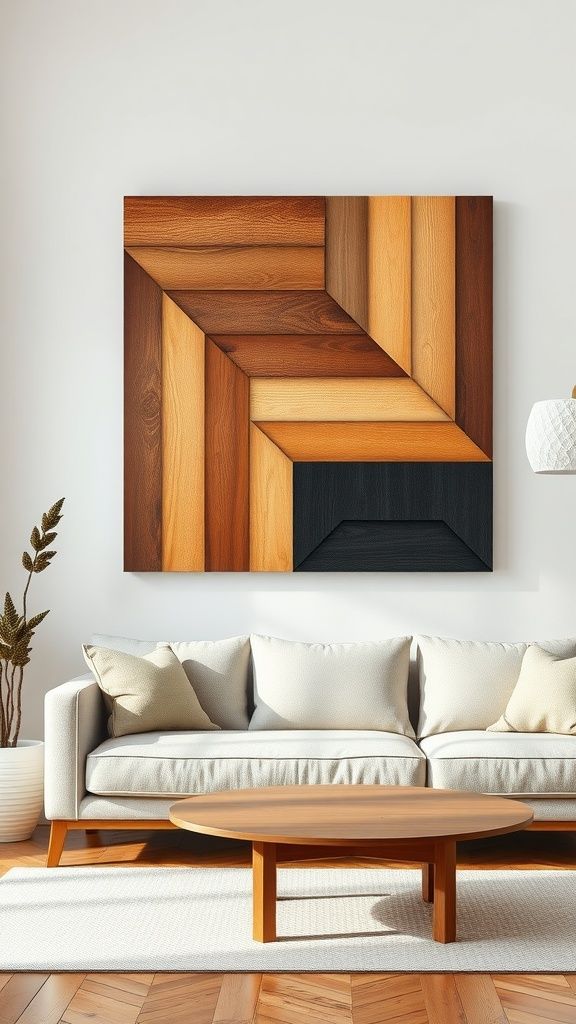 Modern living room with beige sofa, wooden coffee table, and geometric wood art piece on white wall. Scandinavian interior design.