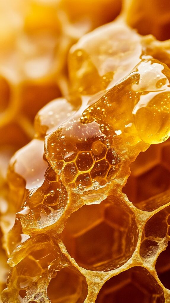 Close-up of golden honeycomb dripping with fresh honey, showcasing natural texture and vibrant color. Perfect for organic product themes. macro photography ideas