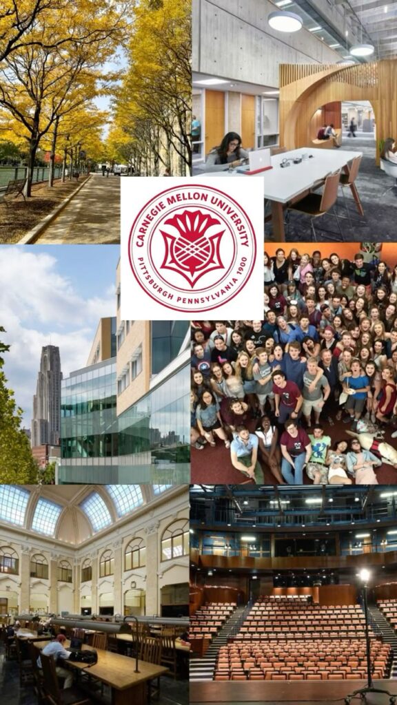 ❤️🤍 Collage of Carnegie Mellon University campus scenes and students, featuring emblem, library, lecture hall, and university architecture. | Sky Rye Design Collage of Carnegie Mellon University campus scenes and students, featuring emblem, library, lecture hall, and university architecture.