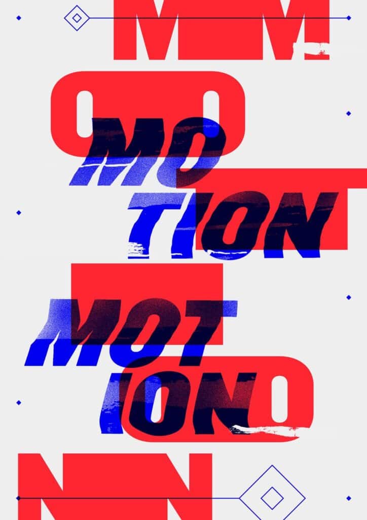 Bold graphic design featuring the word MOTION in layered red and blue typography on a white background for a modern, dynamic look.