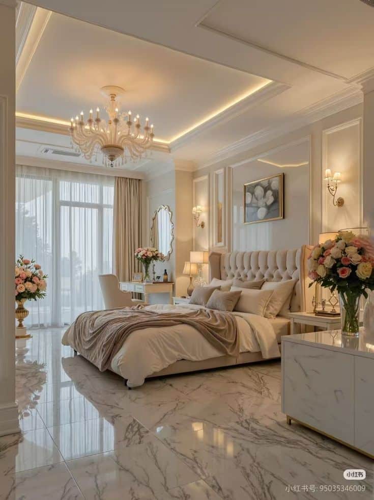 00a0f07c-d7a4-4871-9073-01700fd29fd7 Luxurious bedroom with elegant chandelier, marble floors, and cozy bedding. Bright natural light and floral decor create a serene ambience. | Sky Rye Design Luxurious bedroom with elegant chandelier, marble floors, and cozy bedding. Bright natural light and floral decor create a serene ambience.