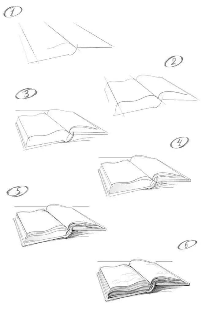 Step-by-step guide: How to draw an open book, from basic lines to detailed sketch in six stages. Ideal for art tutorials and graphic design.
