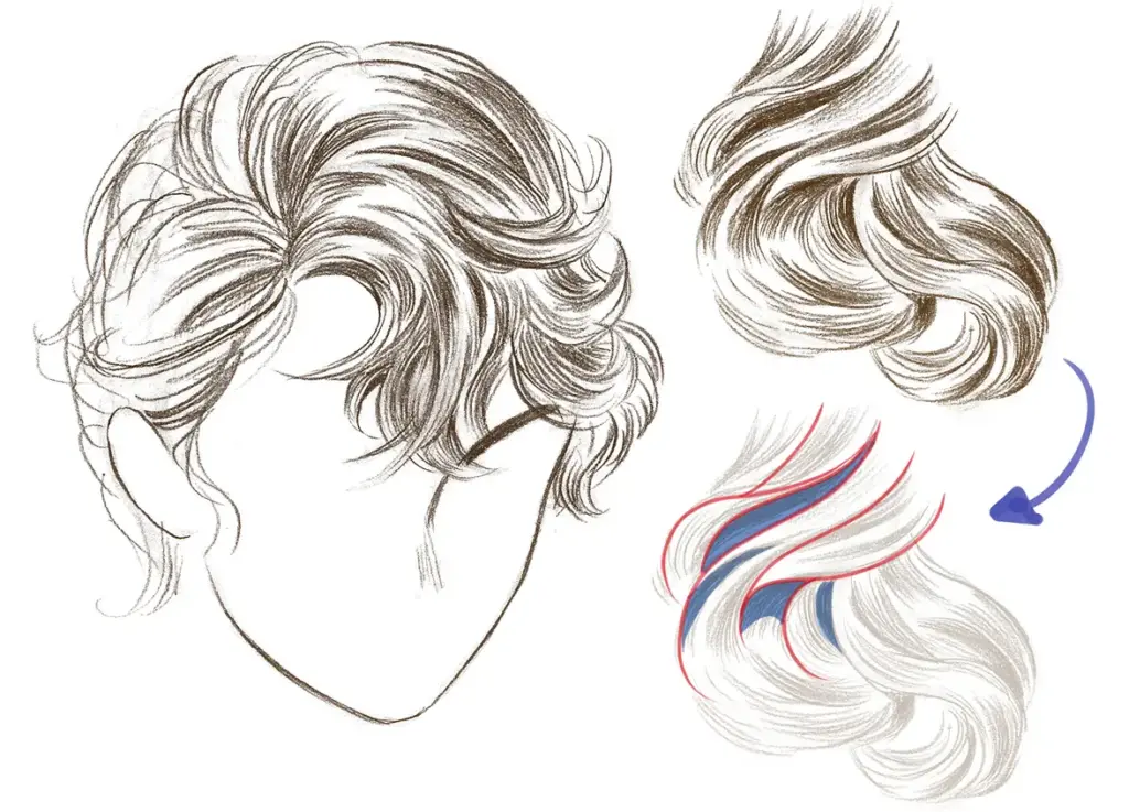 0106_013 Illustrated guide on drawing realistic hair with focus on texture and flow, featuring steps and stylistic details for dynamic hairstyles. | Sky Rye Design Illustrated guide on drawing realistic hair with focus on texture and flow, featuring steps and stylistic details for dynamic hairstyles.