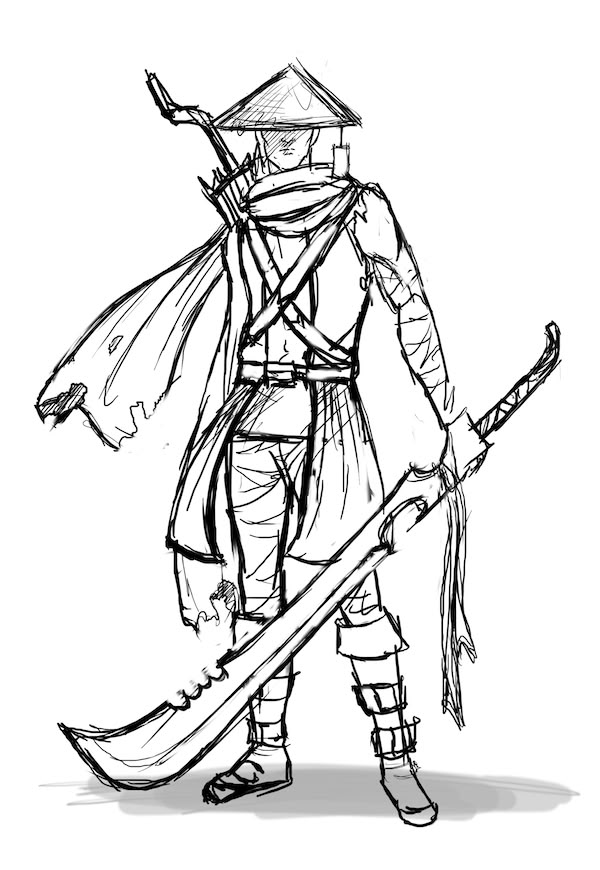 0108b2fedb0803d31367d7ec95e14f87 Sketch of a warrior in traditional armor wielding a large weapon and wearing a conical hat, exuding strength and readiness for battle. | Sky Rye Design Sketch of a warrior in traditional armor wielding a large weapon and wearing a conical hat, exuding strength and readiness for battle.