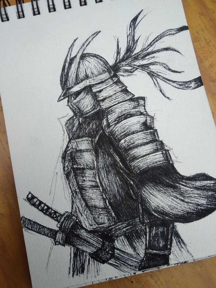 02ec4f5535ce8ddea0bfbf65a5fd4755 Ink sketch of a samurai warrior wearing traditional armor and helmet with flowing details, drawn on a notebook page. | Sky Rye Design Ink sketch of a samurai warrior wearing traditional armor and helmet with flowing details, drawn on a notebook page.