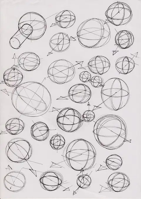Sketch of multiple overlapping spheres with directional arrows, illustrating perspective and depth on a plain white background.