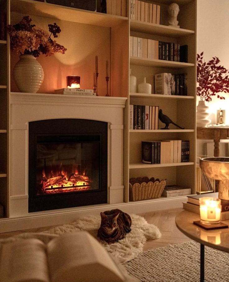 03bd3c0b-4b9a-455e-8677-13f110348003 Cozy living room with a warm fireplace, bookshelves, candles, and a cat napping on a rug, creating a peaceful and inviting atmosphere. | Sky Rye Design Cozy living room with a warm fireplace, bookshelves, candles, and a cat napping on a rug, creating a peaceful and inviting atmosphere.