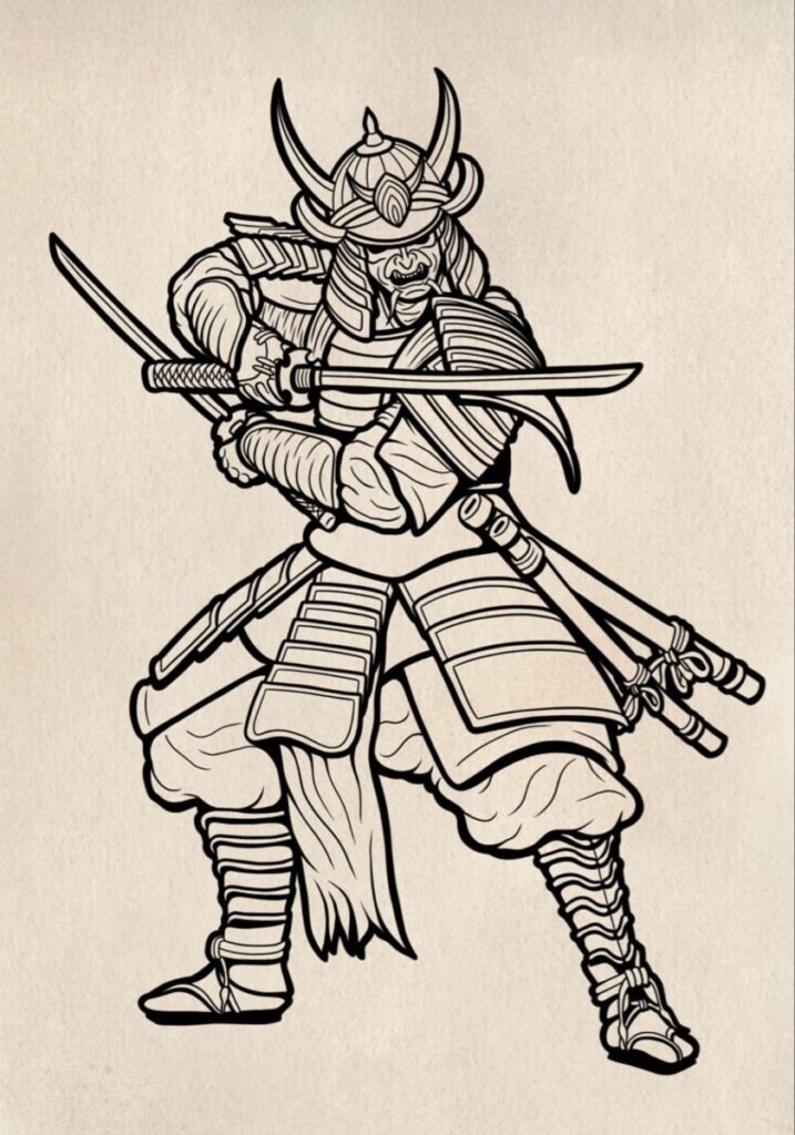 04f7df47147814007443e3344d81d4e1 Illustration of a samurai warrior in traditional armor holding two swords, showcasing Japanese martial arts and ancient culture. | Sky Rye Design Illustration of a samurai warrior in traditional armor holding two swords, showcasing Japanese martial arts and ancient culture.