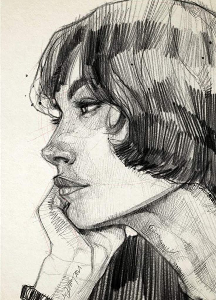 05864791-7ece-4e65-89aa-ceb8e905c537 Pencil sketch of a thoughtful woman in profile, resting her chin on her hand, with detailed shading and short hair. | Sky Rye Design Pencil sketch of a thoughtful woman in profile, resting her chin on her hand, with detailed shading and short hair.