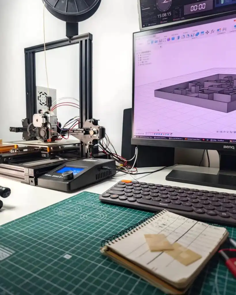 068a0daea404e3de0d19dcb983539d25 3D printer setup with design on computer screen, keyboard, and notebook on desk, illustrating digital fabrication workspace. | Sky Rye Design 3D printer setup with design on computer screen, keyboard, and notebook on desk, illustrating digital fabrication workspace.