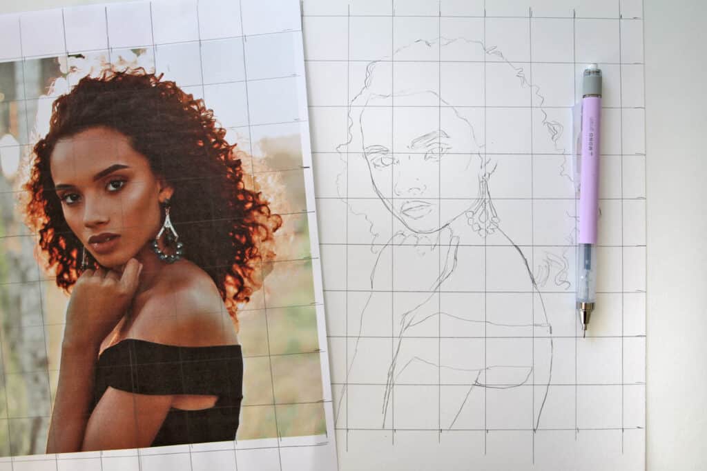 070520_Katie-Smith_3 Portrait photo beside a sketched outline, both on a grid. Purple pencil on paper. Art process and drawing reference. | Sky Rye Design Portrait photo beside a sketched outline, both on a grid. Purple pencil on paper. Art process and drawing reference.