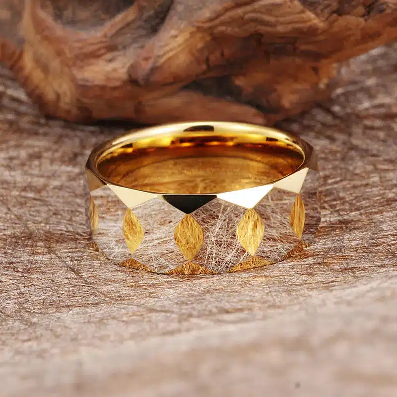 0734590c-4a3e-4c77-a108-39875b0219ea Gold-plated geometric-patterned ring on a textured wooden surface, showcasing a luxurious, intricate design perfect for elegant occasions. | Sky Rye Design Gold-plated geometric-patterned ring on a textured wooden surface, showcasing a luxurious, intricate design perfect for elegant occasions.