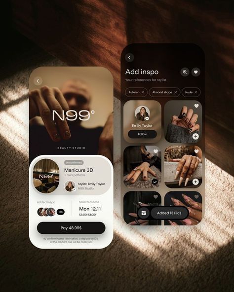 Mobile app interface for N99° Beauty Studio showcasing manicure booking and inspiration gallery with stylish nail designs.