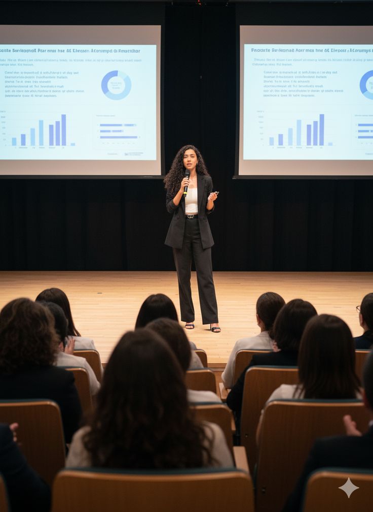 Speaker presenting data on stage to an audience, featuring slides with graphs and charts in a conference setting.