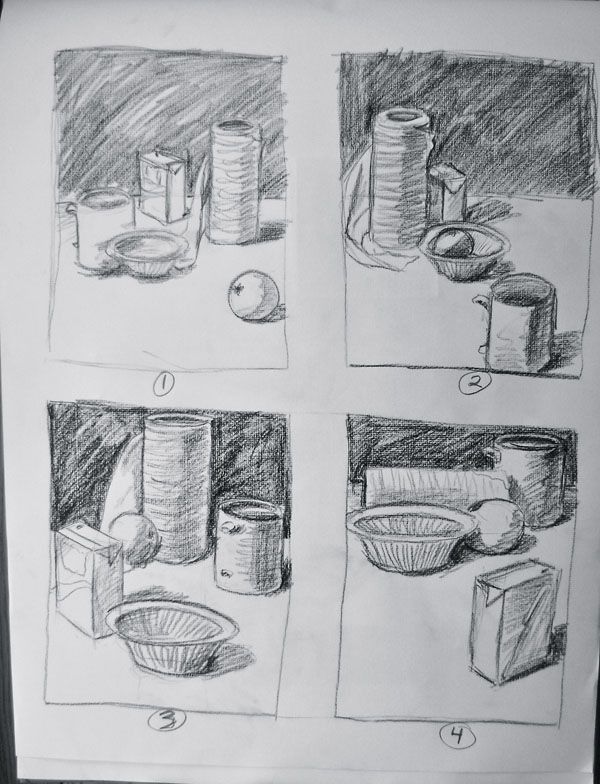 0c3c9e1f35c847d7a1406998b2656316 Pencil sketches of four still life compositions, each featuring bowls, cans, and a carton on a textured background. | Sky Rye Design Pencil sketches of four still life compositions, each featuring bowls, cans, and a carton on a textured background.