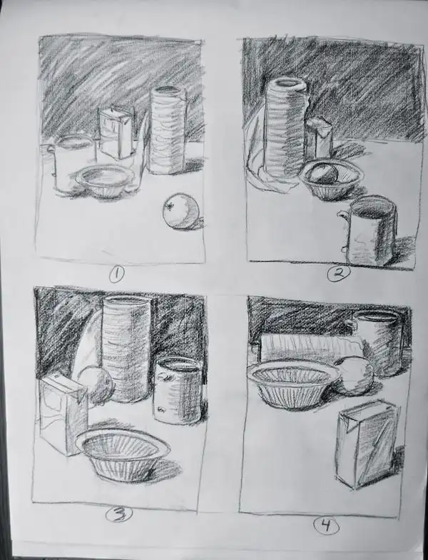 Pencil sketches of four still life compositions, each featuring bowls, cans, and a carton on a textured background.