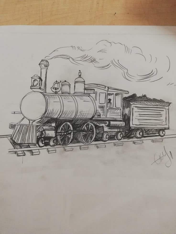 0e29f79c39b37177df6057a1dcaffaa4 Pencil sketch of a vintage steam locomotive with smoke billowing, showcasing detailed wheels and carriages on railroad tracks. | Sky Rye Design Pencil sketch of a vintage steam locomotive with smoke billowing, showcasing detailed wheels and carriages on railroad tracks.