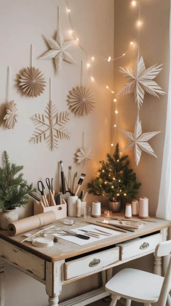0f840eca864634853866d7fa9d8f4d21 Cozy craft workspace with scissors, paper, and Nordic-style paper stars, enhanced by soft fairy lights and mini pine trees. | Sky Rye Design Cozy craft workspace with scissors, paper, and Nordic-style paper stars, enhanced by soft fairy lights and mini pine trees.