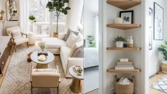 Modern living room with neutral decor and city view, alongside a cozy nook featuring wooden shelves, plants, and decorative elements.