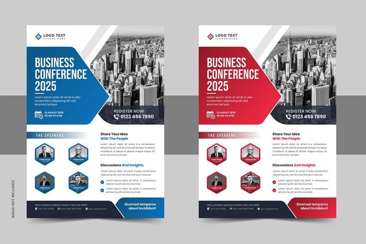 Flyer for Business Conference 2025 with city skyline, featuring schedule, speaker details, and registration info. Blue and red versions displayed.