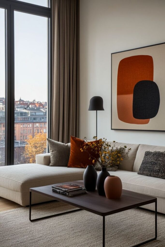 Modern living room with beige sectional, abstract art, and city view through large windows. Stylish decor and cozy atmosphere.