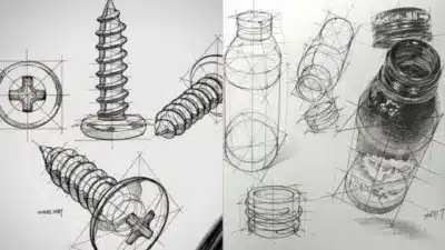 Technical sketches of screws and bottles, showcasing detailed design and perspective drawing techniques with precision and creativity.
