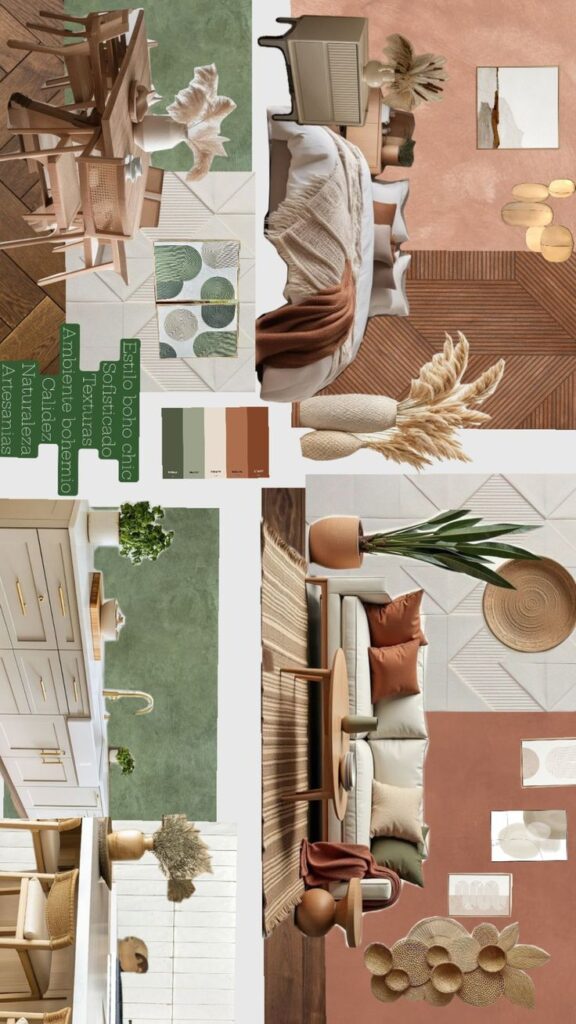 Boho chic interior design mood board with earthy tones, natural textures, and minimalist furniture for a cozy, stylish living space.