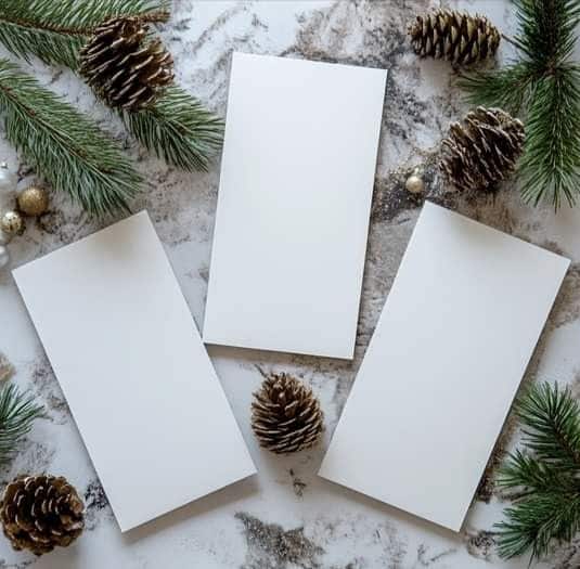 _ 1 Three blank white cards surrounded by pine cones and evergreen branches on a snowy background, perfect for a winter or holiday theme. | Sky Rye Design Three blank white cards surrounded by pine cones and evergreen branches on a snowy background, perfect for a winter or holiday theme.