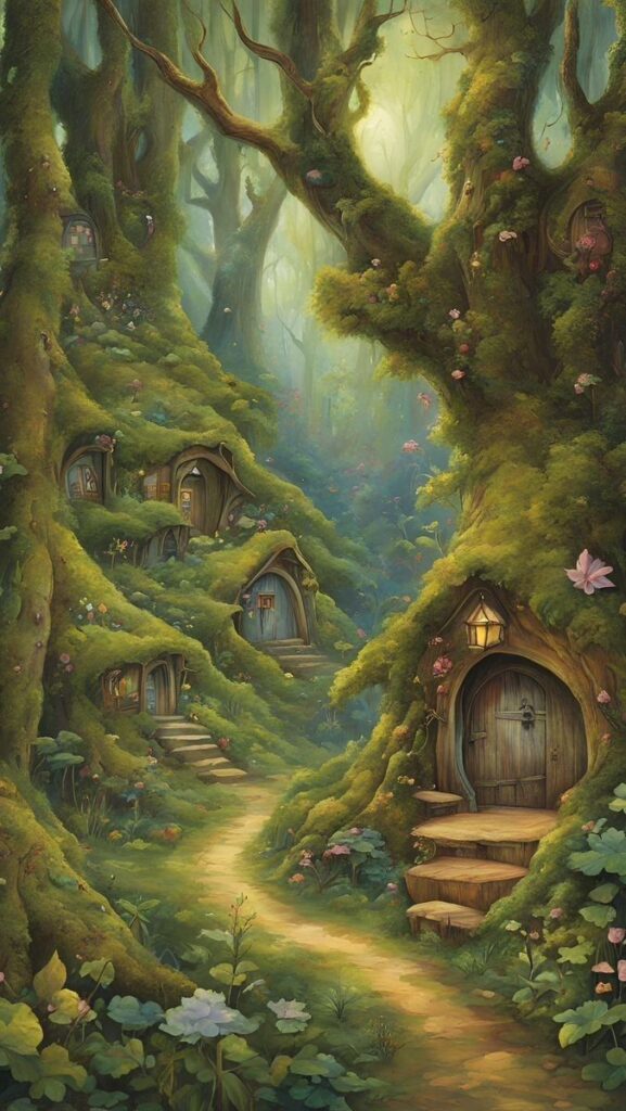 _ 1 Enchanting forest path with cozy, tree-integrated houses, surrounded by lush greenery and colorful flowers. Fantasy woodland scene. | Sky Rye Design Enchanting forest path with cozy, tree-integrated houses, surrounded by lush greenery and colorful flowers. Fantasy woodland scene.