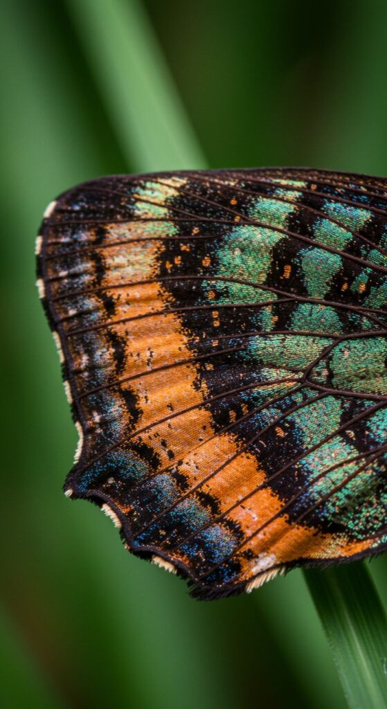 _ 1 Close-up of a vibrant butterfly wing with intricate orange and green patterns, highlighting natural beauty against a blurred green background. | Sky Rye Design Close-up of a vibrant butterfly wing with intricate orange and green patterns, highlighting natural beauty against a blurred green background.