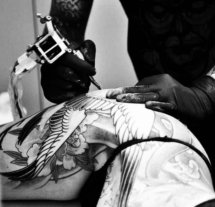 _ 1 Tattoo artist creating detailed bird and floral design on client's back, showcasing intricate tattoo artistry. | Sky Rye Design Tattoo artist creating detailed bird and floral design on client's back, showcasing intricate tattoo artistry.