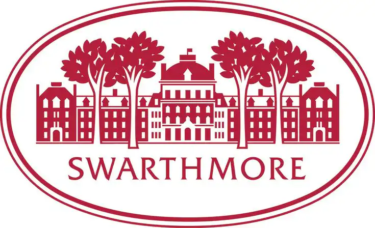 Logo of Swarthmore featuring a red illustration of campus buildings and trees within an oval.